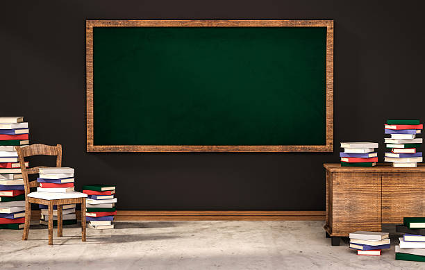 istock Classroom,blackboard on black wall, and piles of books 515192922
