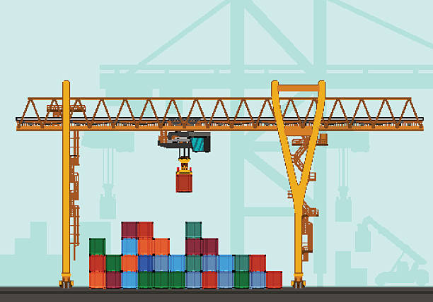 Rail mounted gantry crane Gantry crane with containers. Rail mounted crane at container terminal vector illustration gantry crane stock illustrations