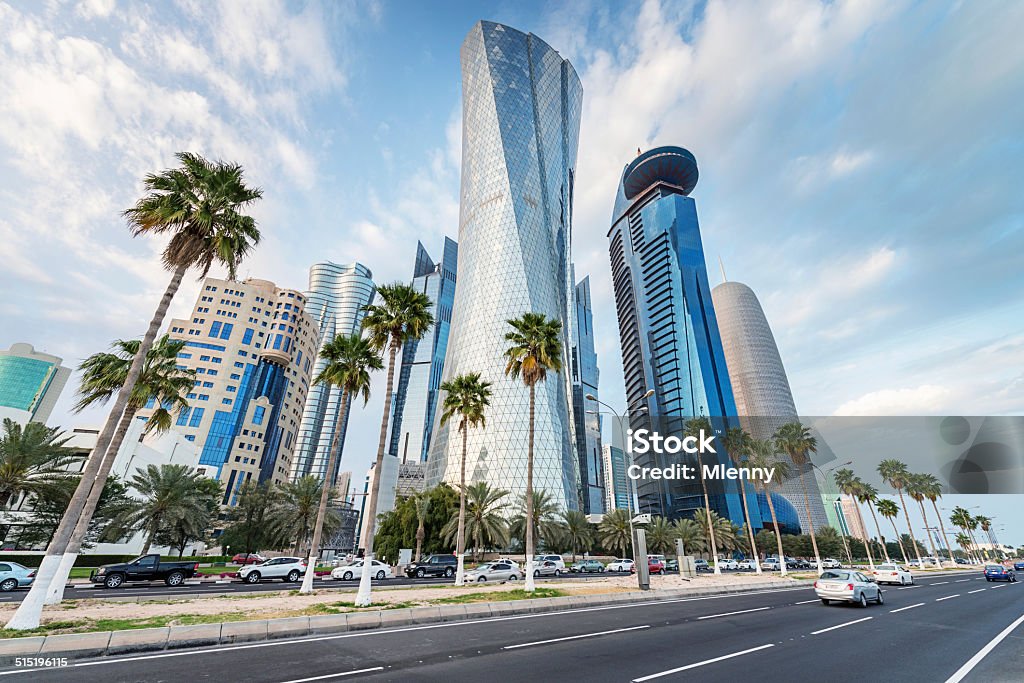 The Corniche of Doha, Qatar Famous Corniche, the waterfront street along Doha Bay, with its futuristic skyscrapers.  Qatar Stock Photo