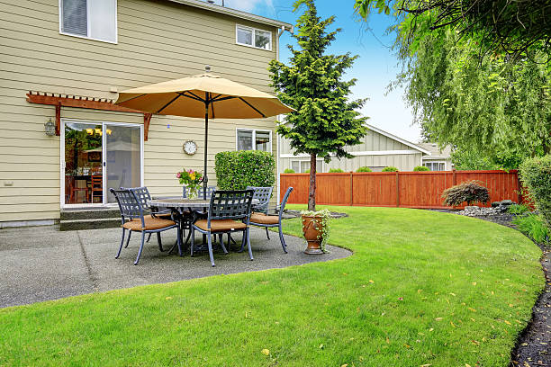 istock Patio area with table set and umbrella 515196405