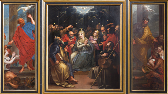Mechelen - Tryptich of the Pentecost scene by unknown painter of 17. cent. in st. Johns church or Janskerk.