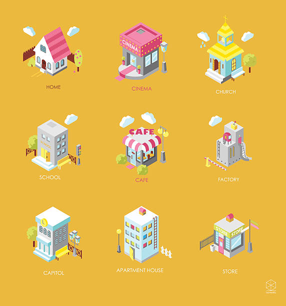 Set of Isometric Buildings vector art illustration