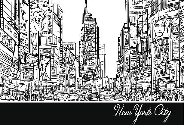 Times Square in New York Interpretation of Times Square in New York in black and white- Vector illustration times square stock illustrations