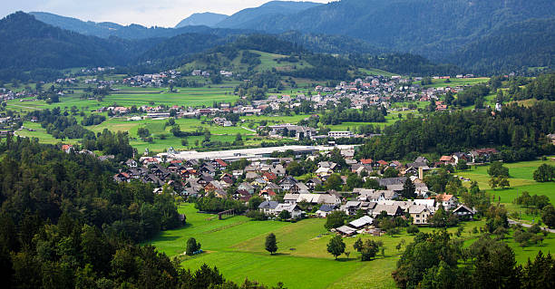 istock Mountain valley with green trees and houses 515198785