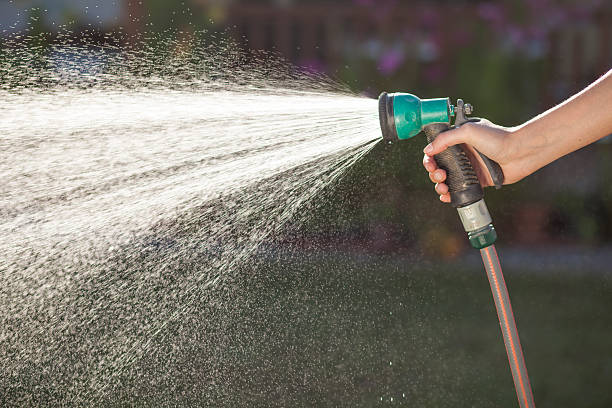 Lawn Watering Female hand holding a shower that sprayed water on the lawn hose photos stock pictures, royalty-free photos & images