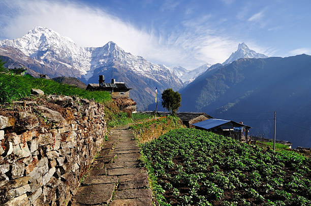 annapurna видом на горы из ghnadruk village непал - annapurna range стоковые фото и изображения