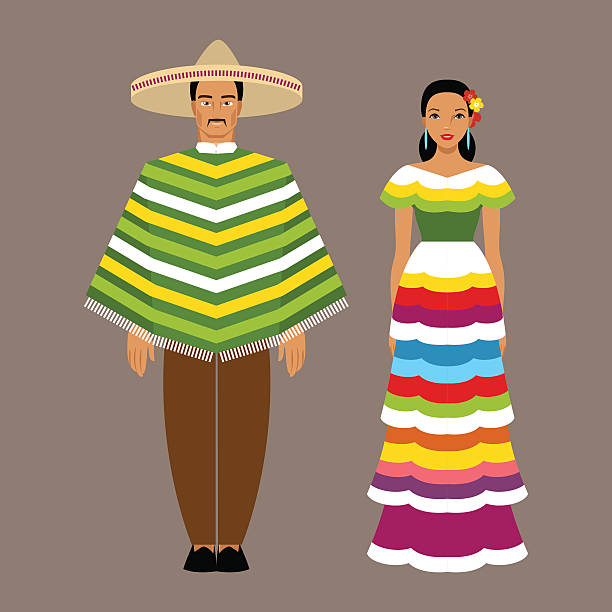 ilustraciones, imágenes clip art, dibujos animados e iconos de stock de mexicano hombre y mujer en ropa tradicional - river wear illustrations