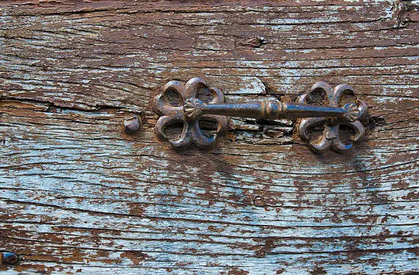 antique door-knocker on old door with keyhole