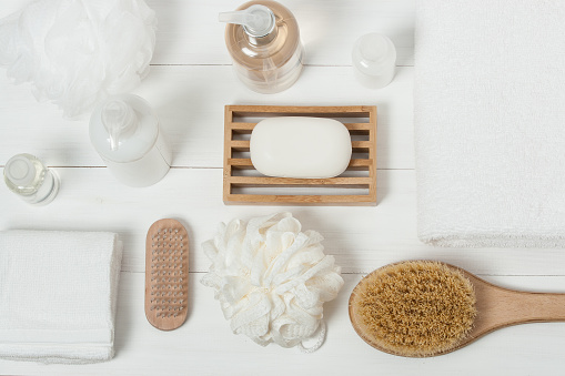 Spa Kit. Shampoo, Soap Bar And Liquid. Shower Gel, Aromatherapy Salt. Top View