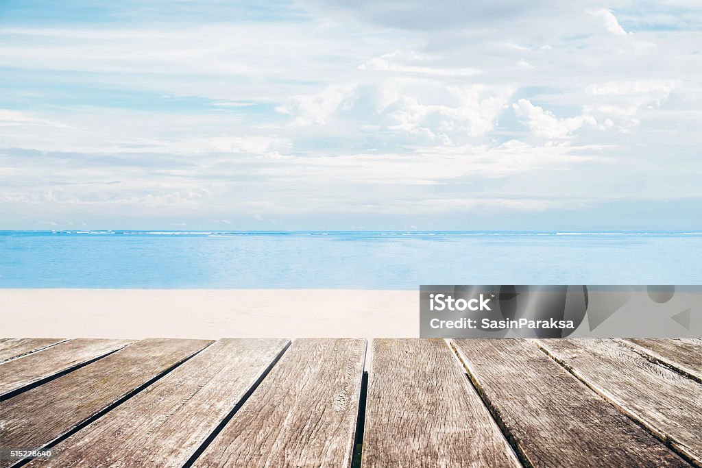 Wooden terrace with the beach view in summer Table Stock Photo