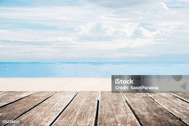 Wooden Terrace With The Beach View In Summer Stock Photo - Download Image Now - Table, Beach, Wood - Material