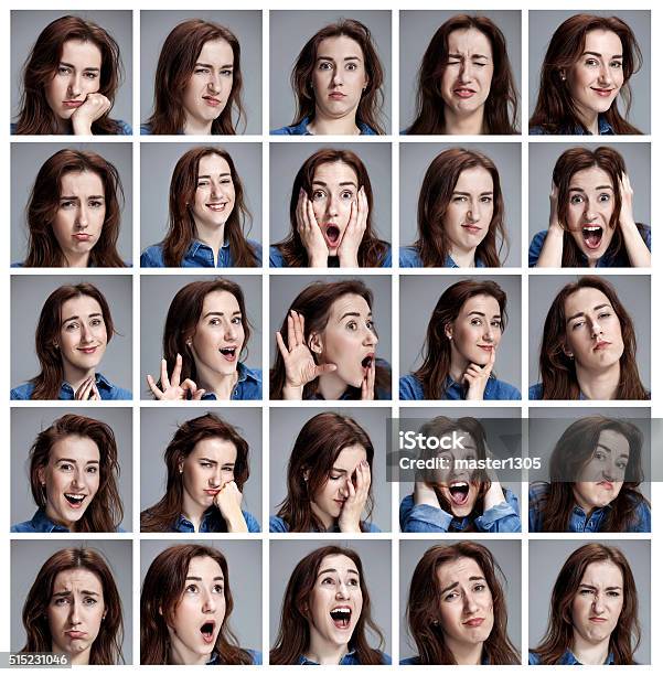 Set Of Young Womans Portraits With Different Emotions Stock Photo - Download Image Now