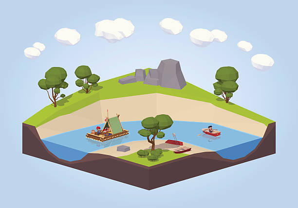 illustrazioni stock, clip art, cartoni animati e icone di tendenza di attraversate il fiume su un gommone e andare in barchino - wooden raft illustrations