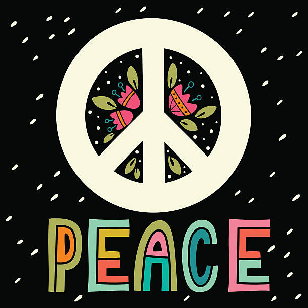 peace-zeichen mit der hand schriftzug, blumen und dekoration elemente - pacifism stock-grafiken, -clipart, -cartoons und -symbole