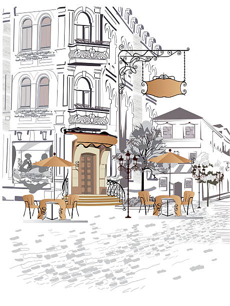 серия уличных кафе в старом городе - coffee shop illustrations stock illustrations