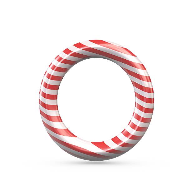 Strped candy cane capital letter O 3D render of a festive holiday red and white striped candy cane capital letter. 3d red letter o stock pictures, royalty-free photos & images