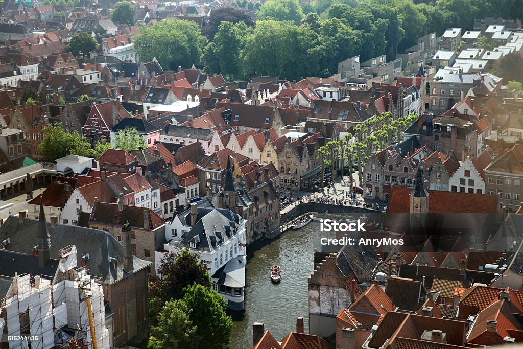 The view of old Brugge from Belfort tower The view of old Brugge from Belfort tower in summer time Aerial View Stock Photo