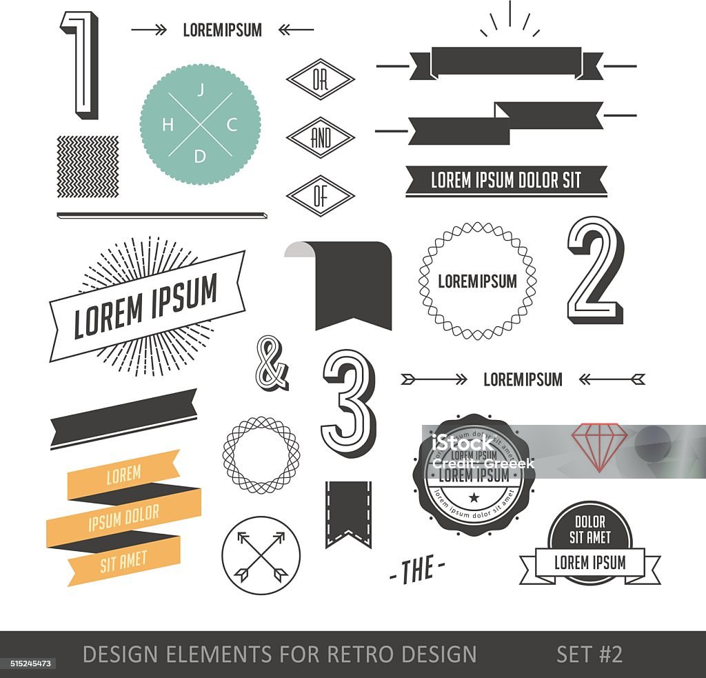 Hipster style infographics elements set for retro design Hipster style infographics elements set for retro design. With ribbons, labels, rays, numbers, arrows, borders, diamonds and anchors. Vector illustration Ribbon - Sewing Item stock vector