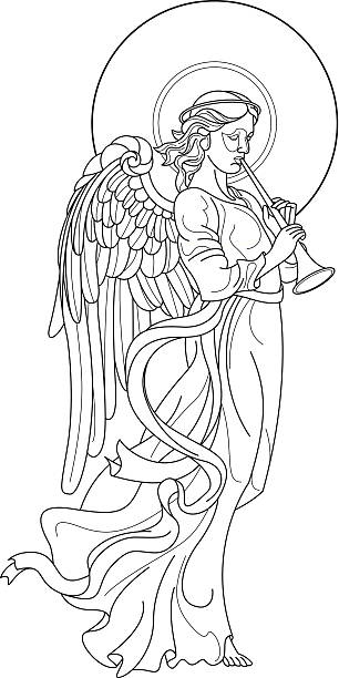 angel mit flöte zeichnung auf weißem hintergrund - 1 advent stock-grafiken, -clipart, -cartoons und -symbole
