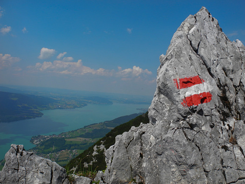 view on lake Attersee (Austria) with the Austrian flag symbolizing the hiking trail