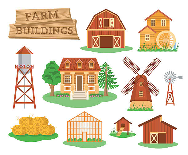 illustrazioni stock, clip art, cartoni animati e icone di tendenza di azienda agricola edifici e costruzioni piatto infografica elementi - farm barn