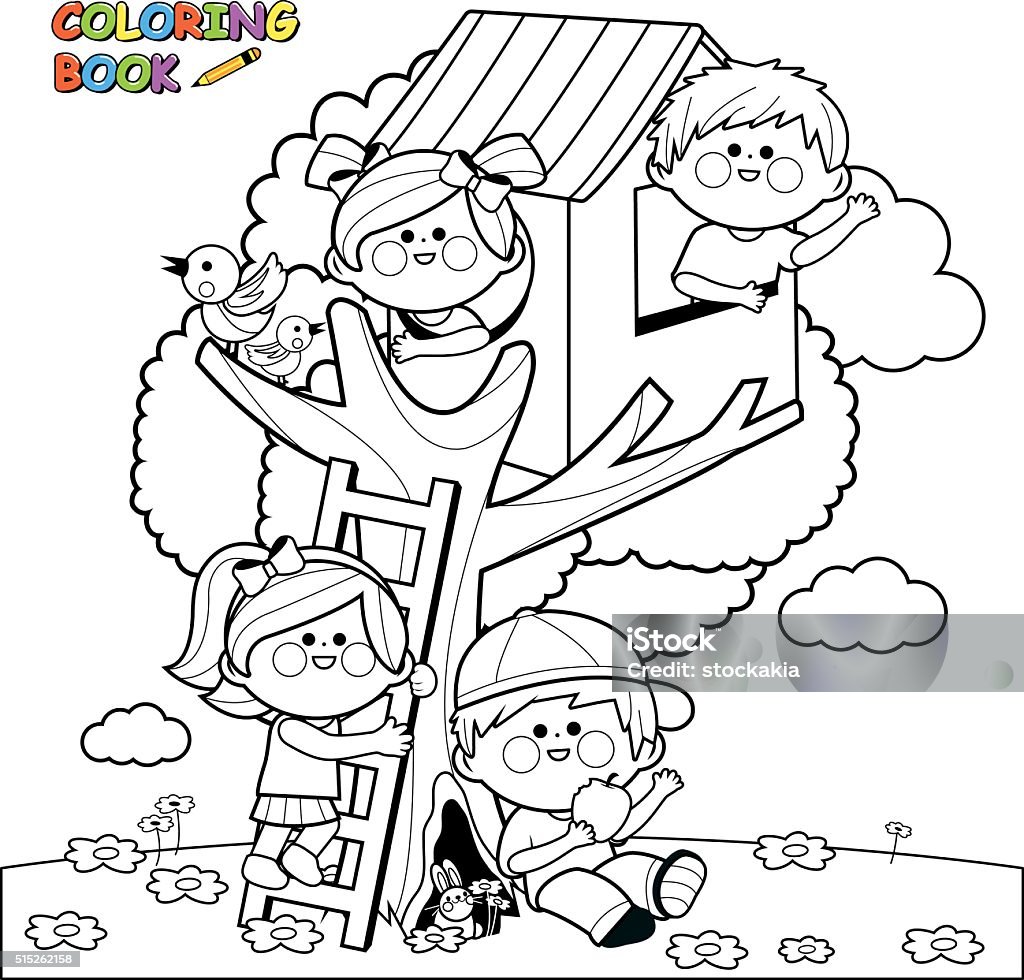 Children playing in a tree house coloring book page Vector Illustration of children playing in a tree house and climbing on a tree. Coloring book page. Coloring stock vector