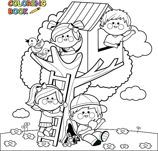 Children playing in a tree house coloring book page Vector Illustration of children playing in a tree house and climbing on a tree. Coloring book page. house outside drawings stock illustrations
