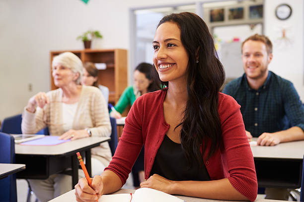 istock Hispanic woman studying at adult education class looking up 515263174