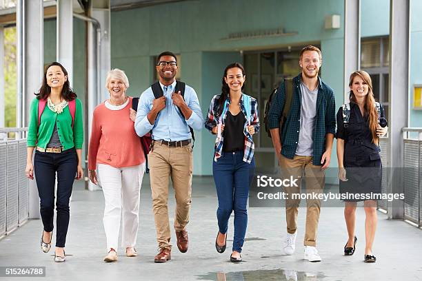 A Group Of Happy Teachers Walking In A School Corridor Stock Photo - Download Image Now