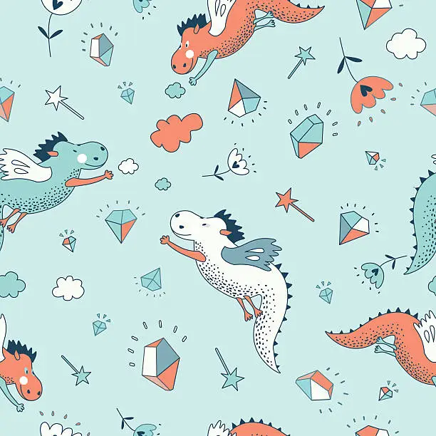 Vector illustration of Cute  funny  fantasy  vector  seamless  dragon pattern