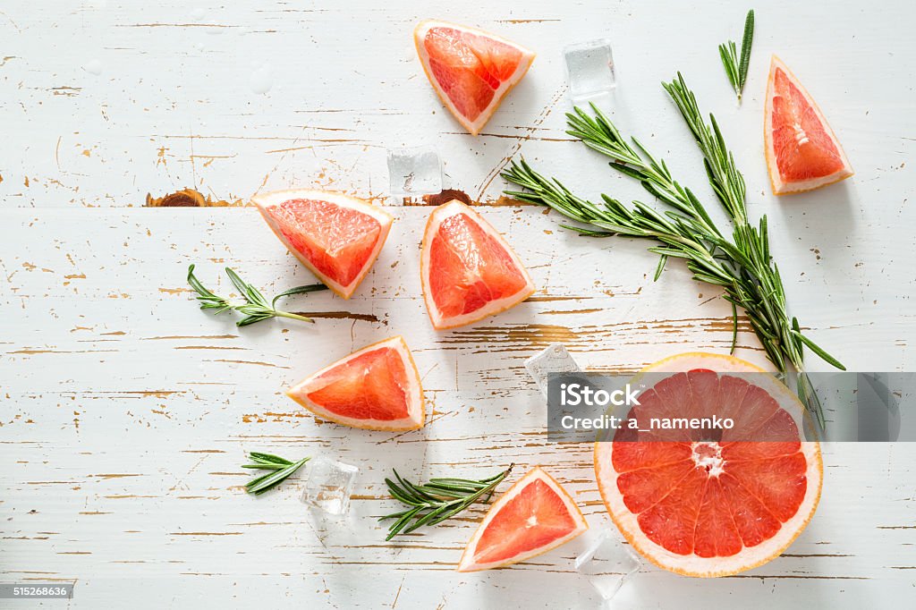 Summer refreshing drink and ingredients Summer refreshing drink and ingredients, copy space, top view Grapefruit Stock Photo