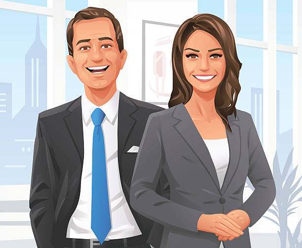Businessman And Businesswoman In The Office Vector illustration of a smiling and confident businesswoman and businessman in the office, looking at the camera.  well dressed man standing stock illustrations