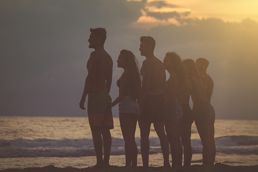 Group of friends staring at the sea holding hand in hand.