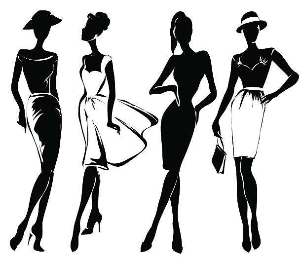 schwarze und weiße retro-mode modelle in skizze stil - model stock-grafiken, -clipart, -cartoons und -symbole