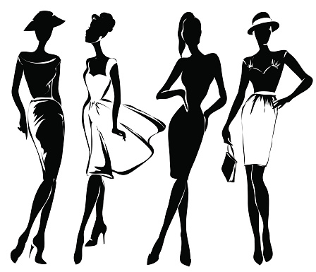 Black and white retro fashion models in sketch style. Hand drawn vector illustration