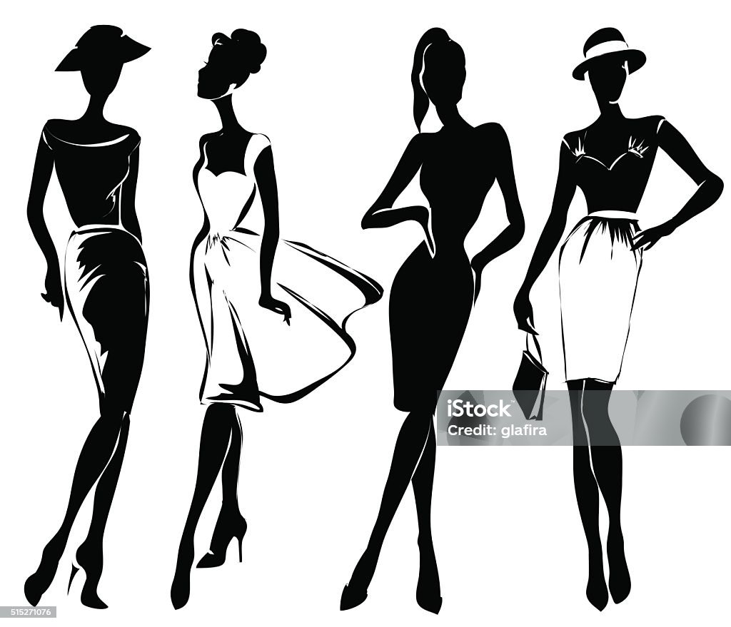 Black and white retro fashion models in sketch style Black and white retro fashion models in sketch style. Hand drawn vector illustration Fashion stock vector