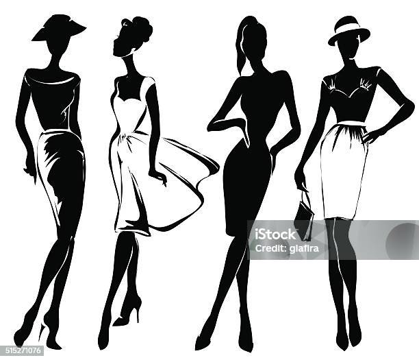 Black And White Retro Fashion Models In Sketch Style Stock Illustration - Download Image Now