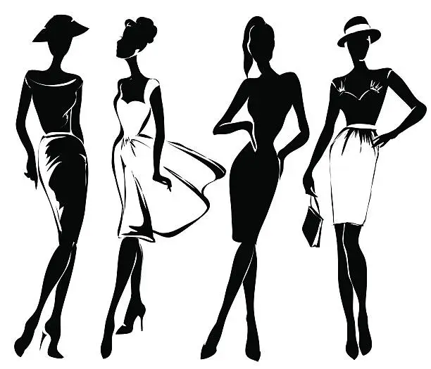 Vector illustration of Black and white retro fashion models in sketch style