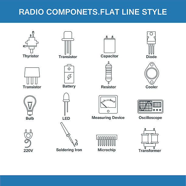 illustrations, cliparts, dessins animés et icônes de composants radio à la ligne. - condensateur
