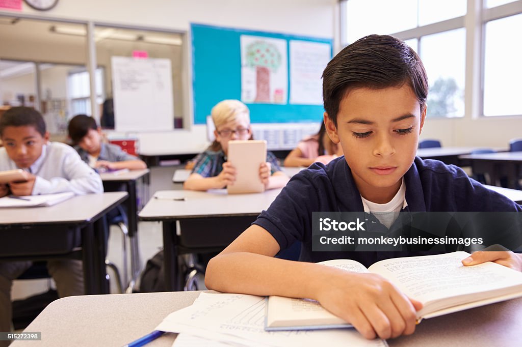 Schoolboy reading at his desk in an elementary school class Reading Stock Photo