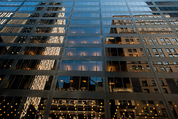 Glass reflection of building daytime wide shot