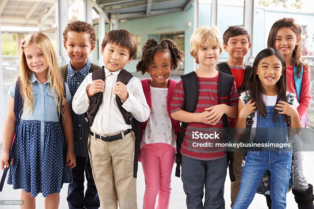 Ritratto di gruppo di bambini della scuola elementare in corridoio - Foto stock royalty-free di Gruppo multietnico