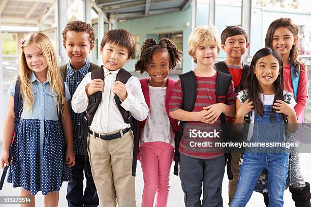 Group Portrait Of Elementary School Kids In School Corridor Stock Photo - Download Image Now