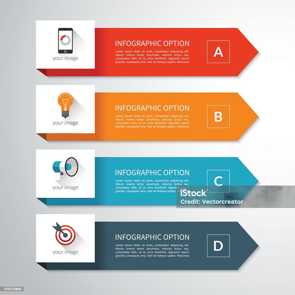 Modern minimal arrow elements for infographics Modern minimal arrow elements for business infographics. Vector banner in material style with 4 steps, options, parts. Can be used for workflow layout, brochure, diagram, chart, report, web design Four Objects stock vector