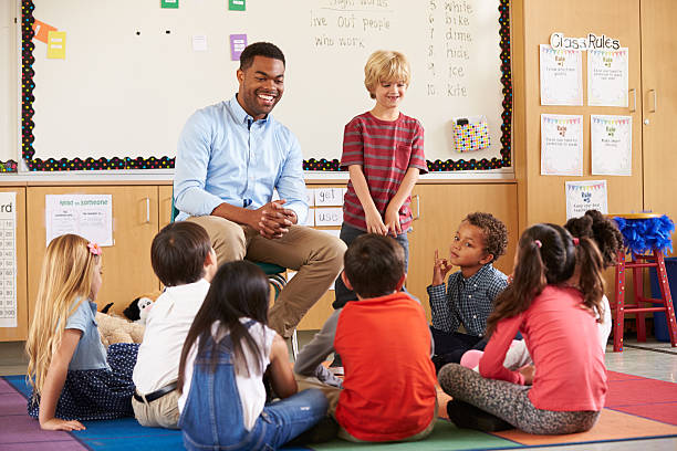 istock Schoolboy at the front of elementary class with teacher 515274406