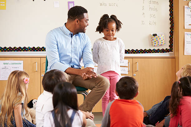 istock Schoolgirl at the front of elementary class with teacher 515274474