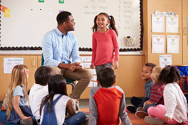 istock Schoolgirl at the front of elementary class with teacher 515274600