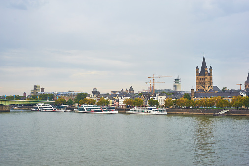 Cologne, Germany - September 18, 2014: View across the river Rhine towards \