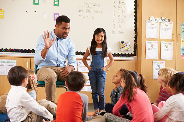 istock Schoolgirl at front of elementary class with teacher 515274732