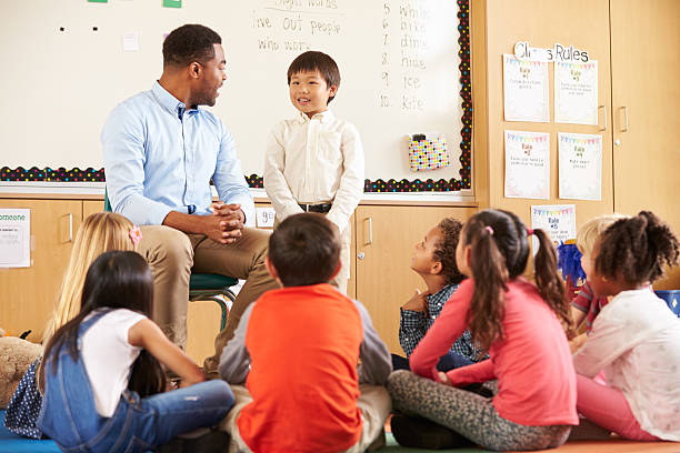 istock Schoolboy at front of elementary class with teacher 515274752
